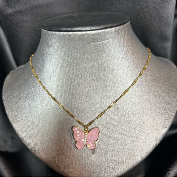 Gold and pink Butterfly Pendant Necklace - Picture 1 of 3